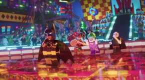 Voldemort and other villains running towards Batman in The Lego Batman Movie