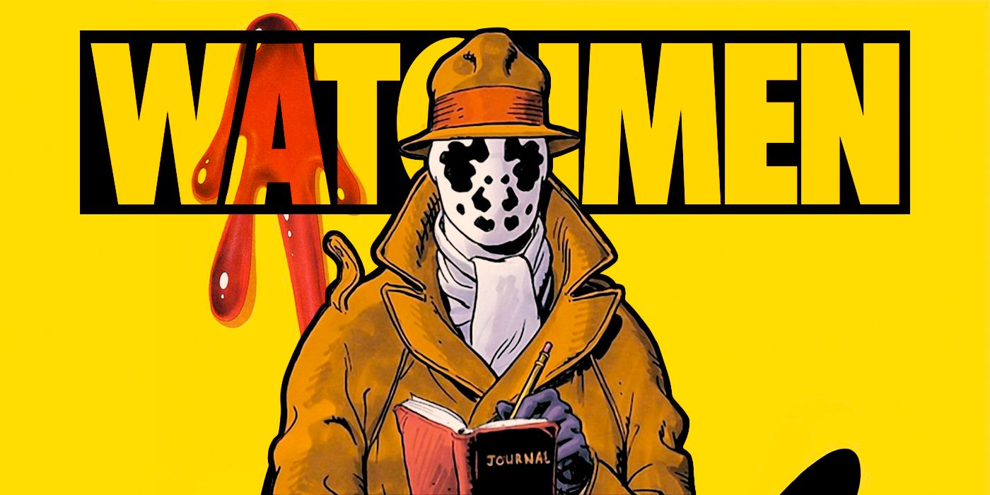 Rorschach scribbles in his journal with the bloody Watchmen logo behind him in DC Comics