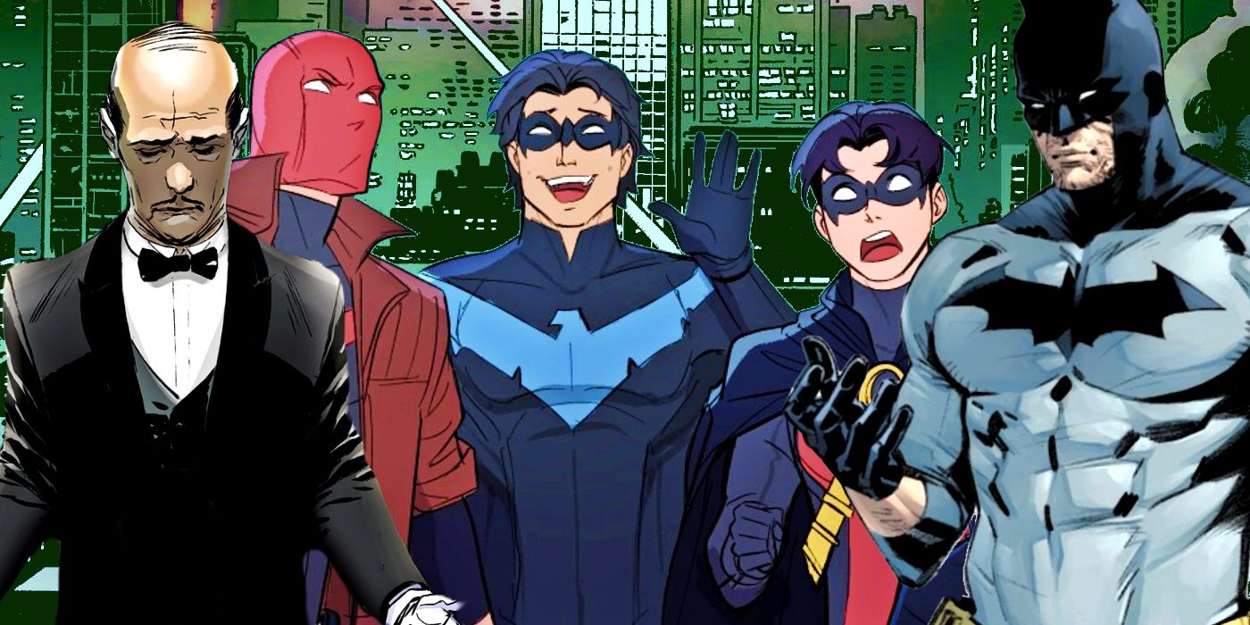 Red Hood, Nightwing, and Red Robin from Wayne Family Adventures in a collage with Batman and Alfred from DC Comics