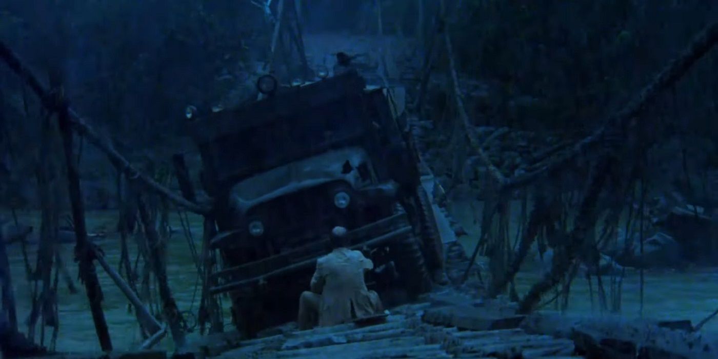 Um caminhão está preso em uma ponte de corda no filme Sorcerer, de William Friedkin