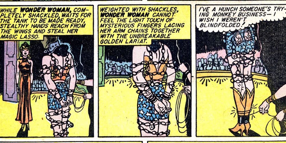Wonder Woman is tied up for a magic show in Wonder Woman 6 in DC Comics