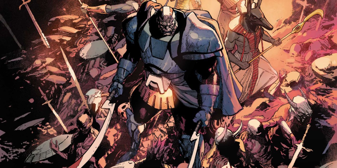 Apocalipse paira sobre soldados caídos com espadas desembainhadas em X-Men X of Swords