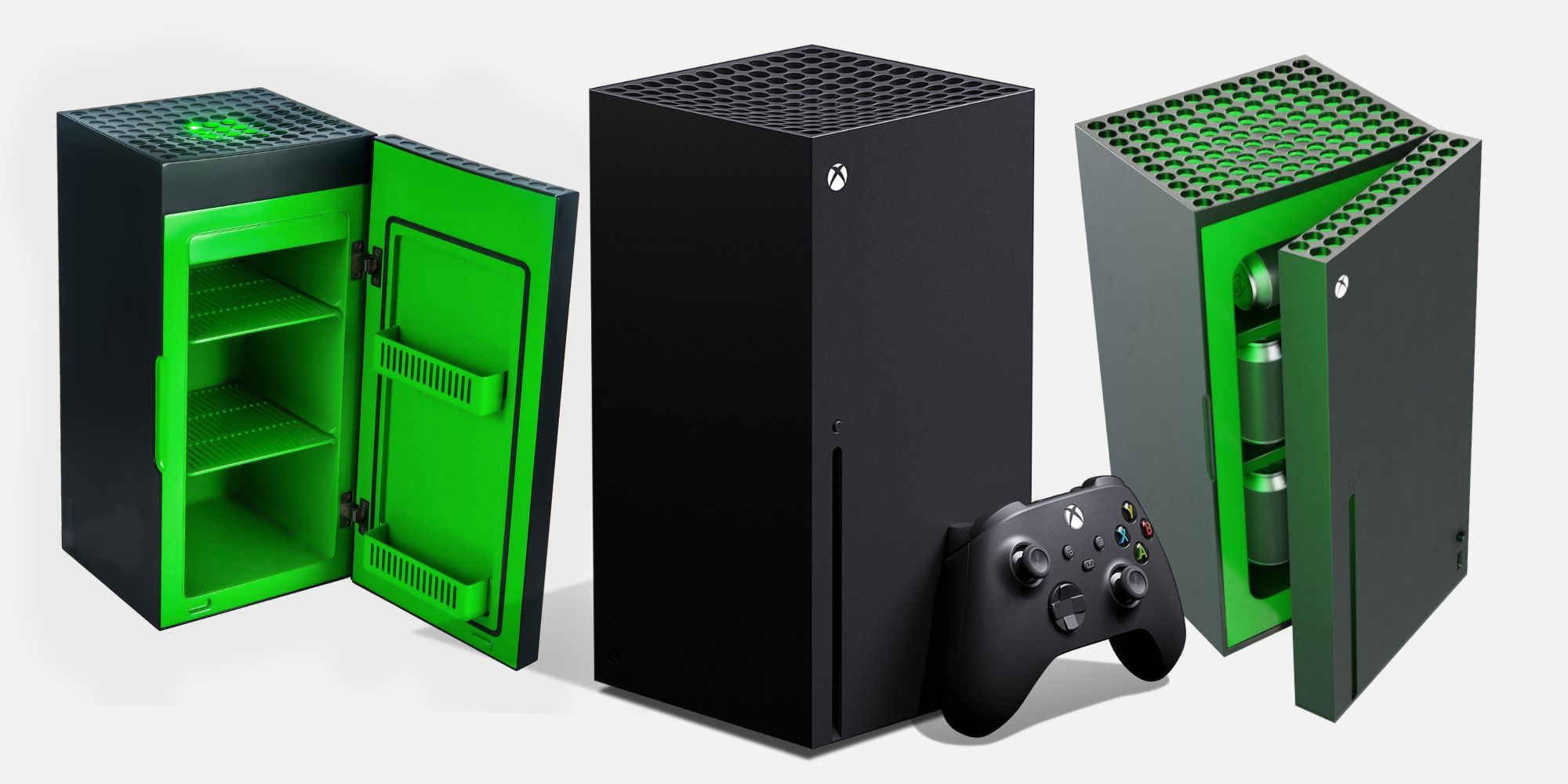 A graphic comparing the Microsoft Xbox Series X Console and Xbox Mini Fridge.