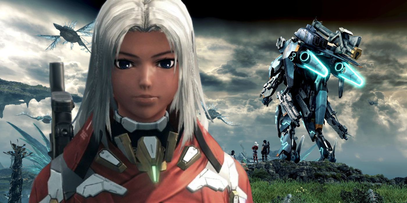 The main promotional image of a skell on a hilltop from Xenoblade Chronicles X with Elma superimposed over it