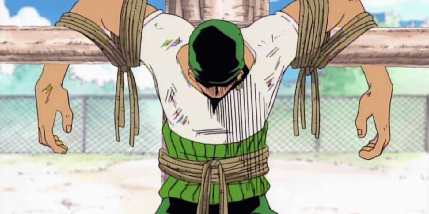 Zoro strung up in the yard during his debut in One Piece anime.