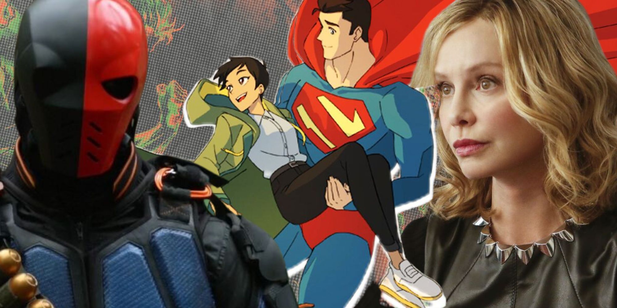 Composite image of Lois and Superman in My Adventures With Superman with Arrowverse Deathstroke and Cat Grant 
