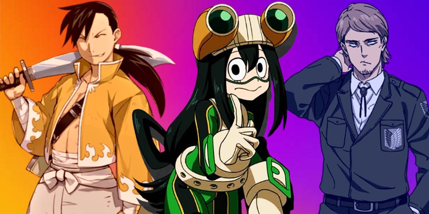 Ling Yao from Fullmetal Alchemist: Brotherhood; Tsuyu Asui from My Hero Academia; adult Jean Kirstein from Attack on Titan. 