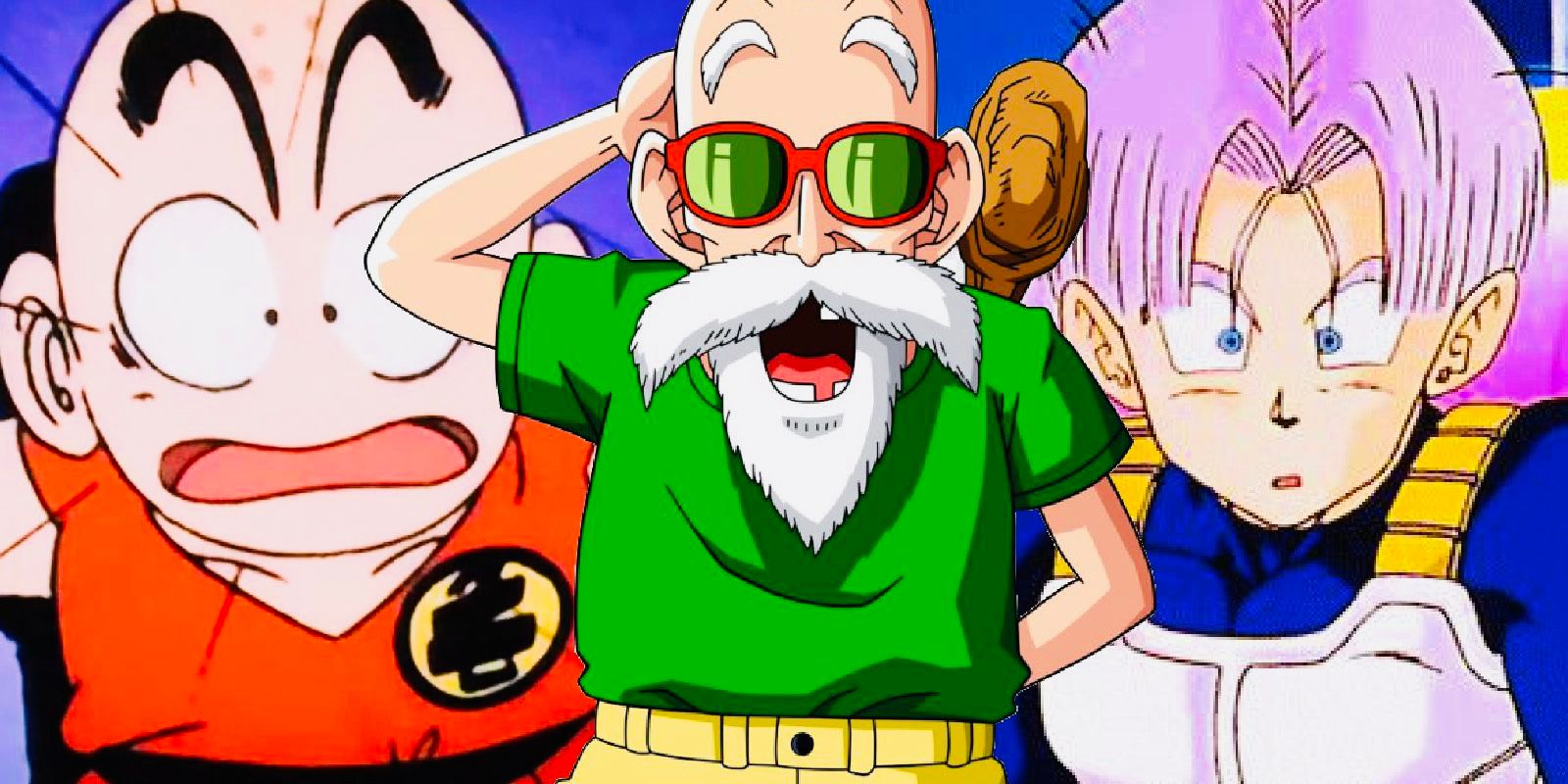 Future trunks and Krillin surprised by Master Roshi in Dragon Ball Z