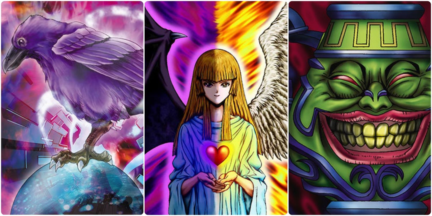 a collage of artworks for yata garasu change of heart and pot of greed yu gi oh tcg