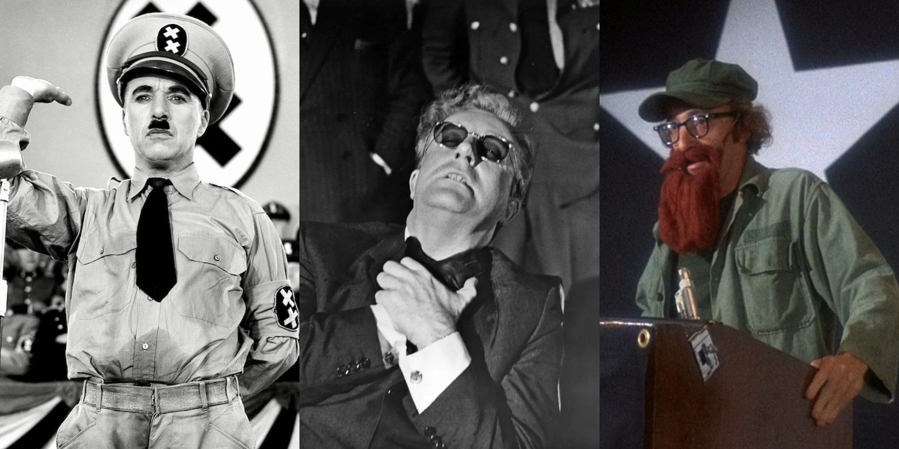 A split image of Charlie Chaplin in The Great Dictator, Peter Sellers in Dr. Strangelove, and Woody Allen in Bananas