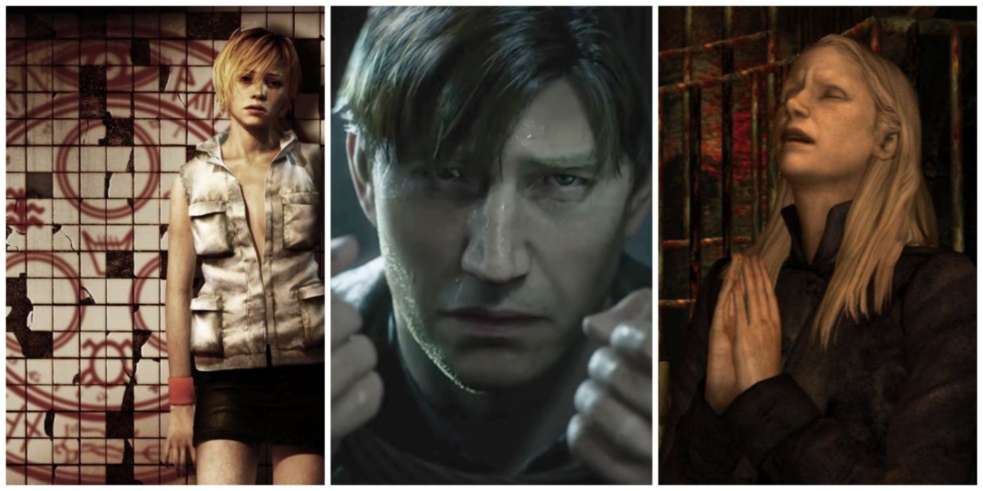 A split image of Heather Mason, James Sunderland, and Cult Leader from Silent Hill