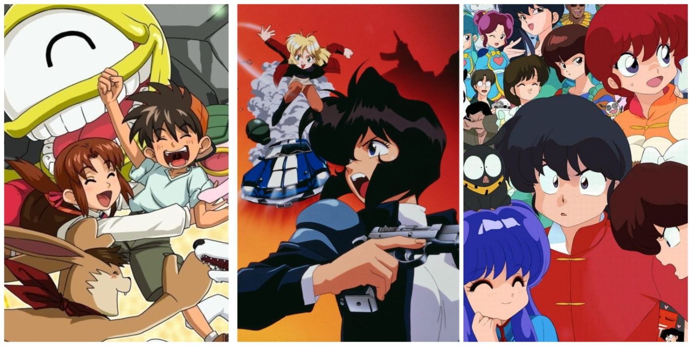 A split image of Monster Rancher, Gunsmith Cats, and Ranma anime