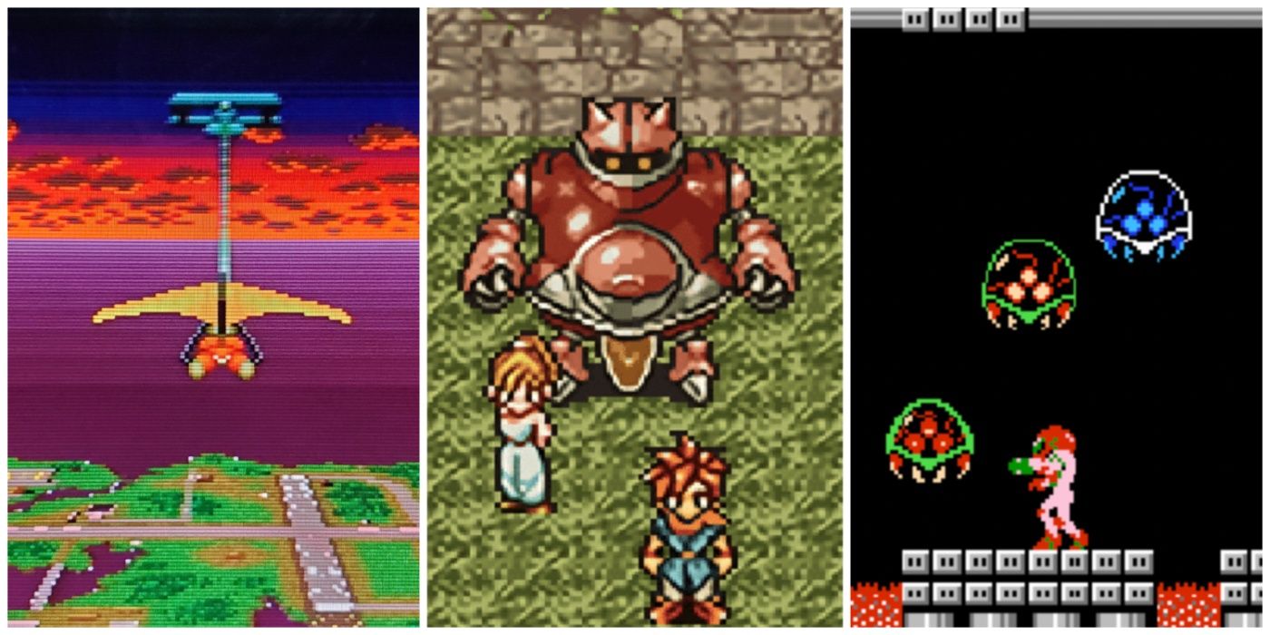 A split image of Pilotwings, Chrono Trigger, and Metroid Nintendo games