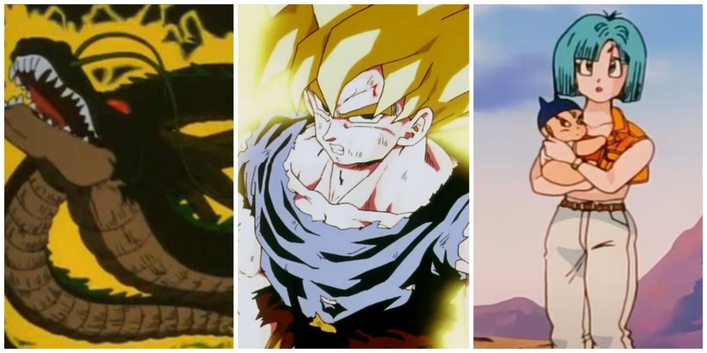 A split image of Shenron being summoned, Goku's first Super Saiyan transformation, and Bulma with baby Trunks in Dragon Ball