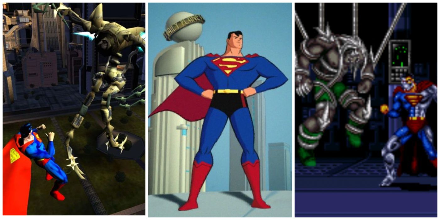 A split image of Superman The Man Of Steel, Superman Shadow of Apokolips, and Death and Return of Superman video games