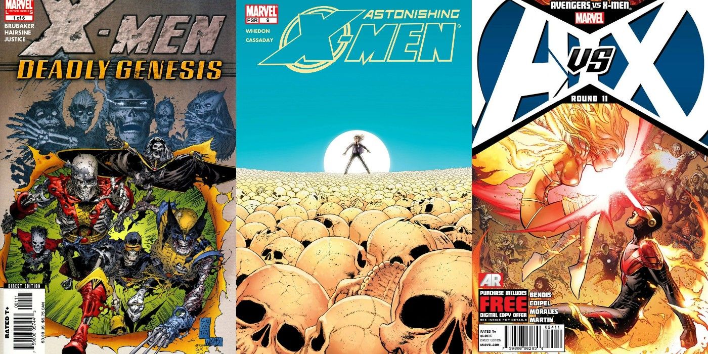 A split image of X-Men Deadly Genesis #1, Astonishing X-Men #9, and Avengers Vs. X-Men #11