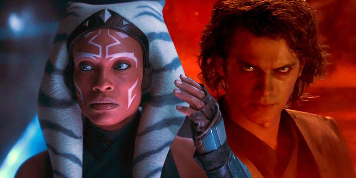 Split: Ahsoka Tano (Rosario Dawson) no Mundo Entre Mundos;  Anakin Skywalker (Hayden Christensen) em A Vingança dos Sith