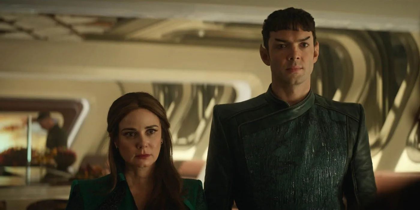 Amanda Grayson and Spock in fancy clothing in Strange New Worlds