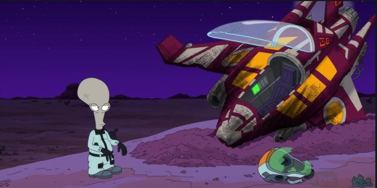 Roger examines his crash landed spaceship on Earth in "Fellow Traveler" episode of American Dad