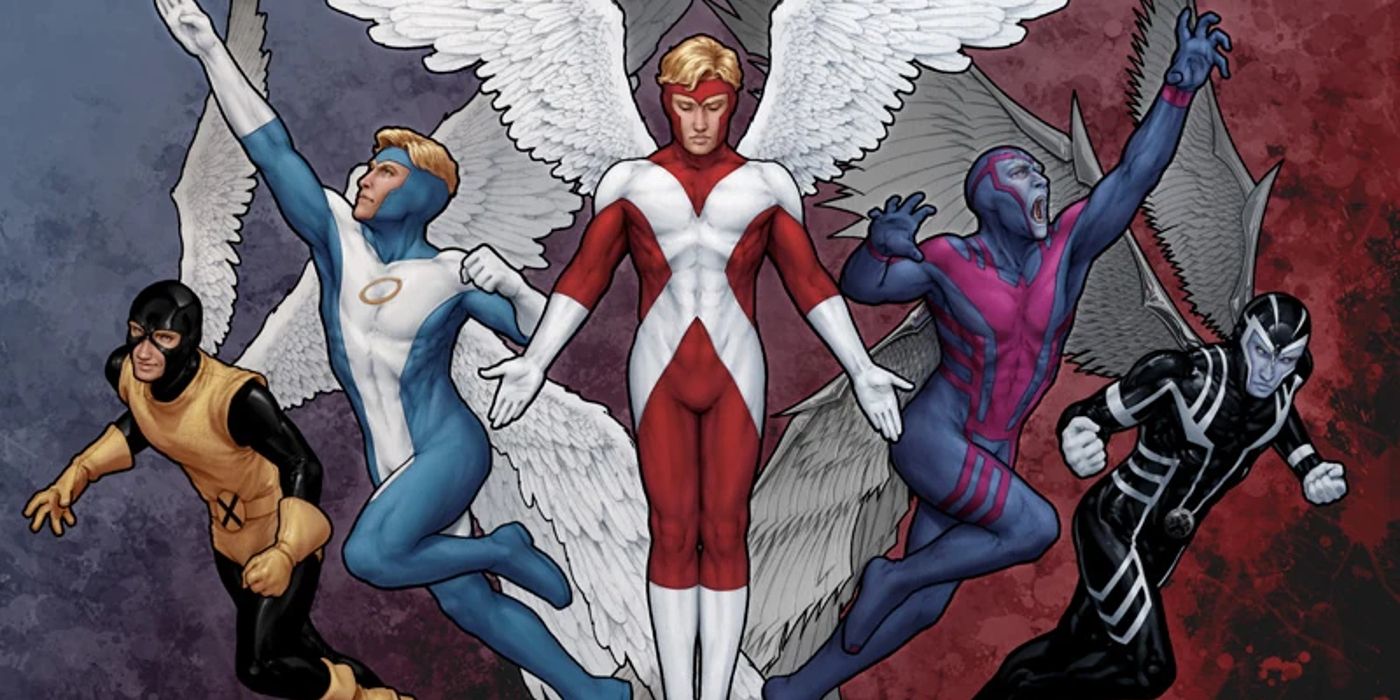 the evolution of angle/archangel's character through various suits and forms all standing together