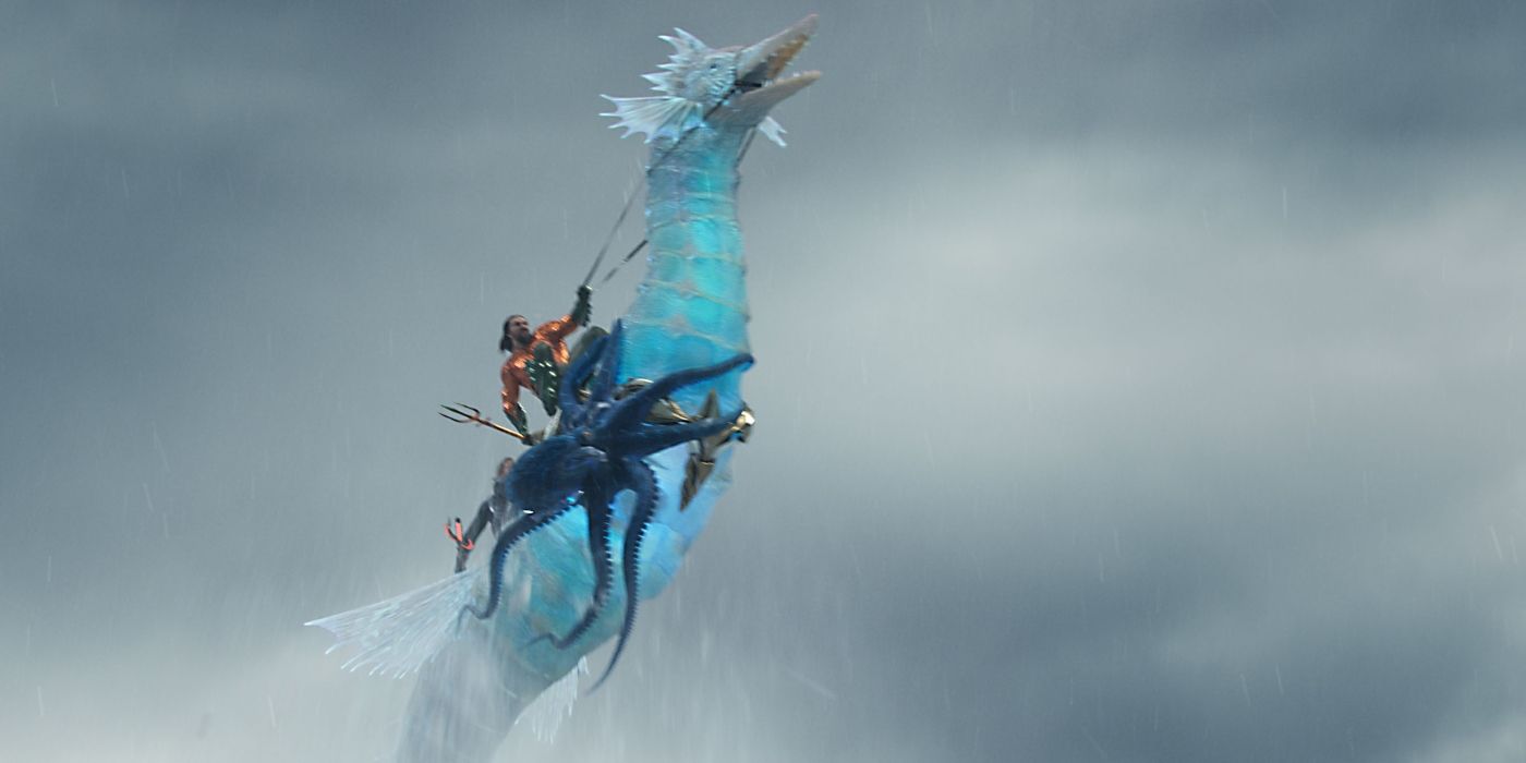 Aquaman rides a seahorse in Aquaman and the Lost Kingdom