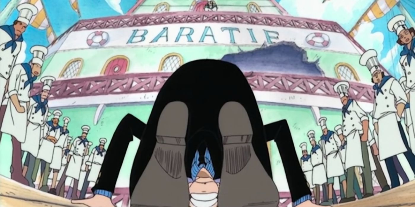 Sanji se curvando para Zeff para mostrar seu profundo respeito por ele no Baratie in One Piece.