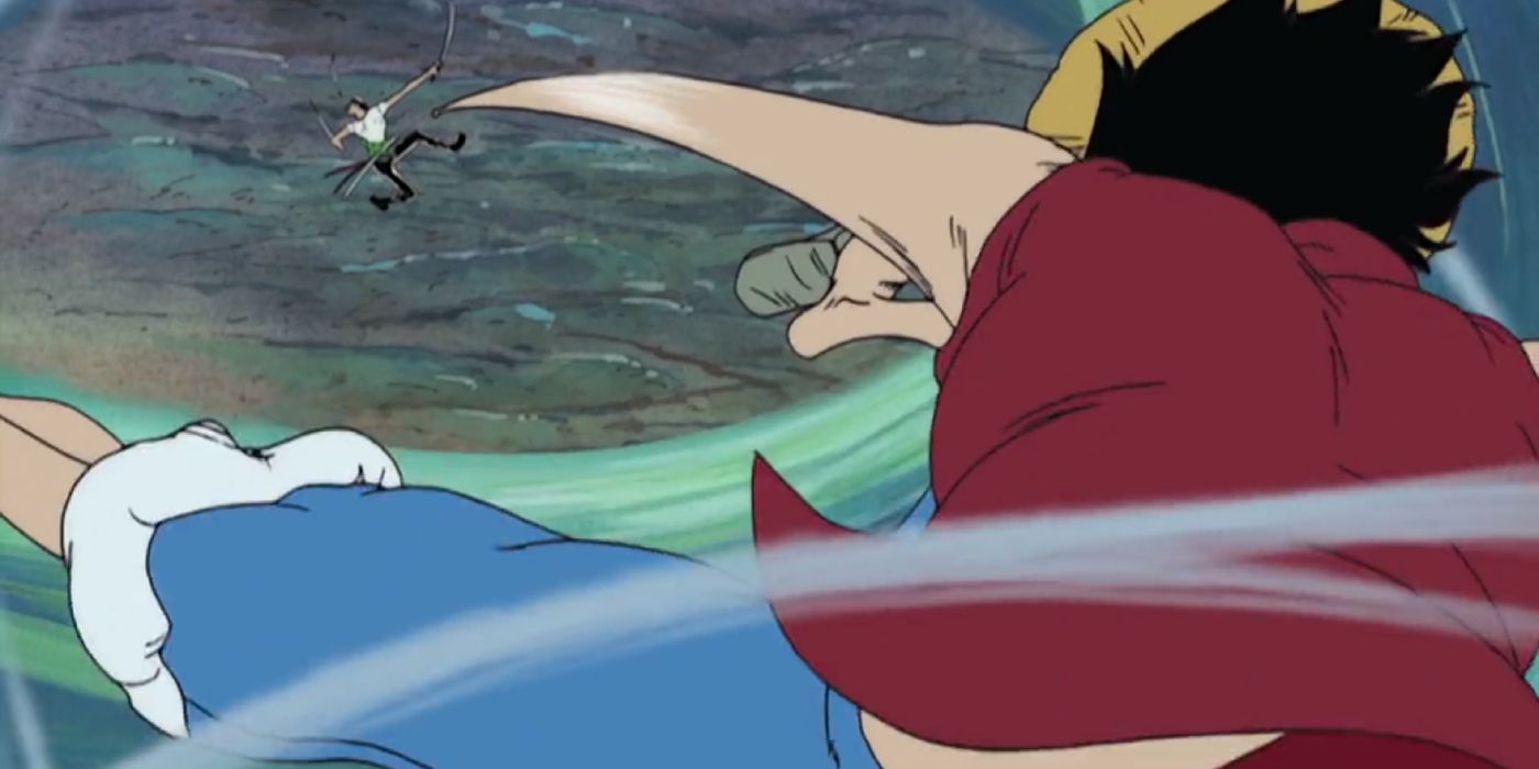 Luffy is fighting Zoro during the Whiskey Peak Arc.