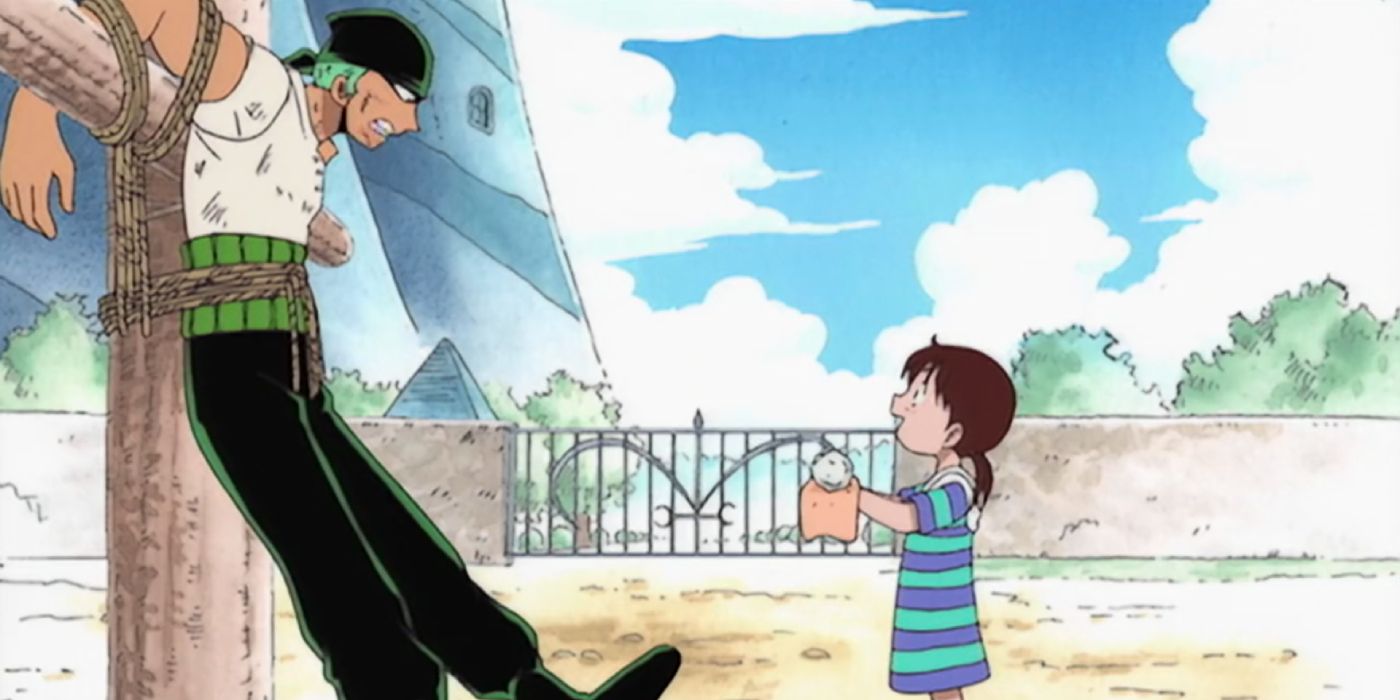 Zoro refuses food from a young girl in One Piece