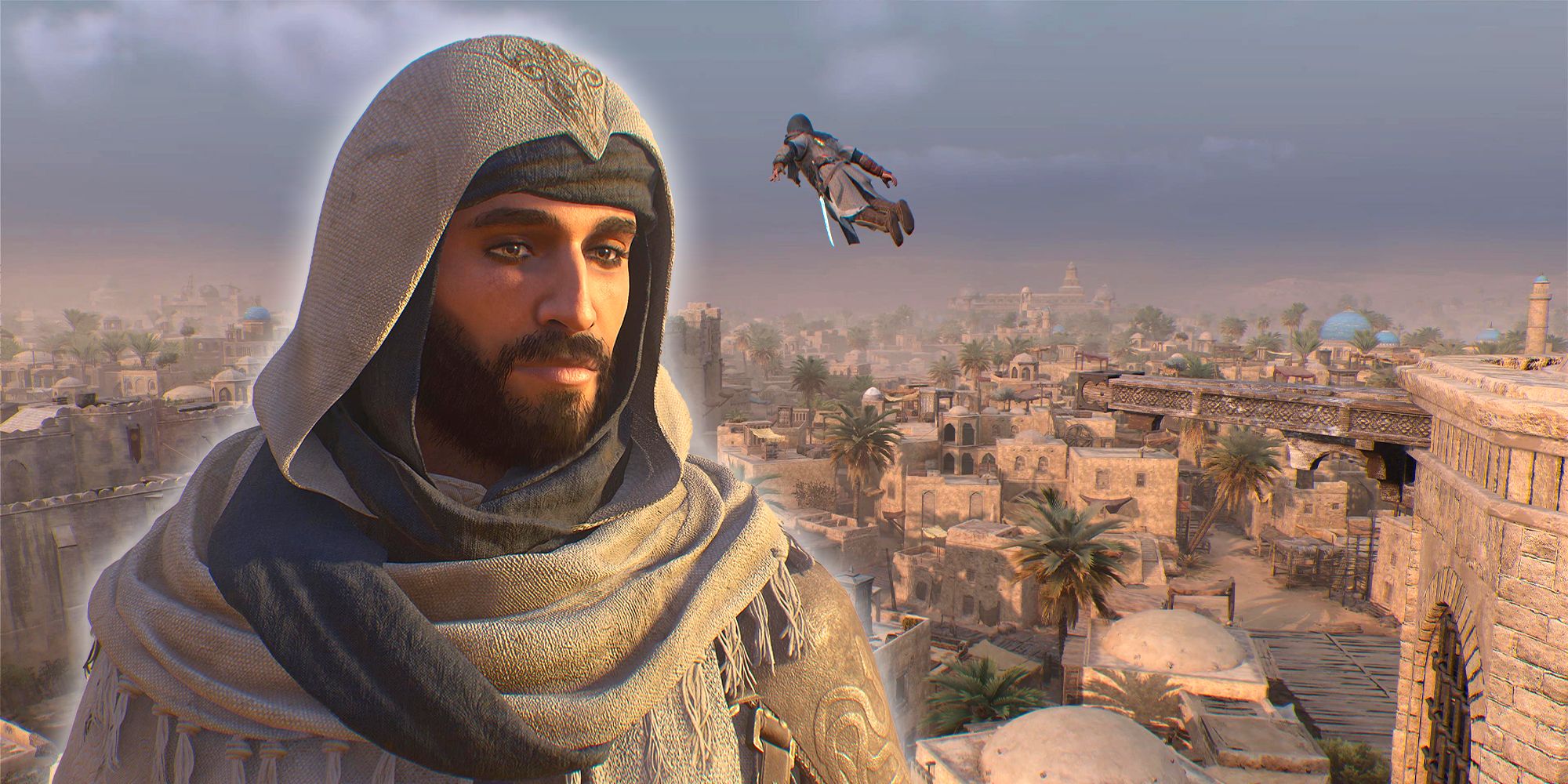 Assassin's Creed Mirage Basim in front of a leap of faith in Harbiyah