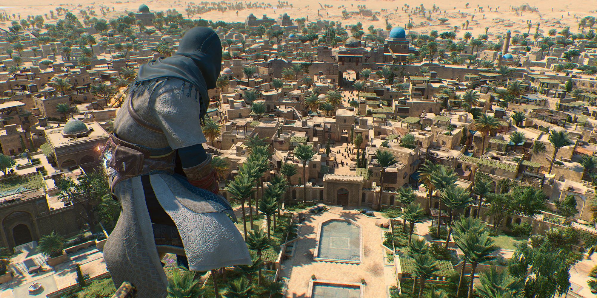 Assassin's Creed Mirage Basim sitting on top of a mosque in the Gardens