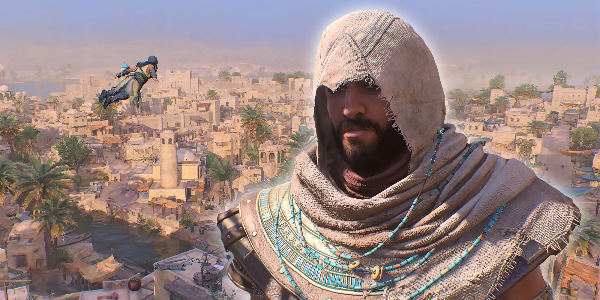 Assassin's Creed Mirage closeup of Basim in front of Basim doing a Leap of Faith in Karkh