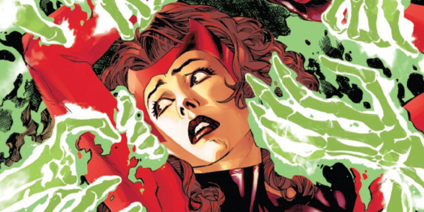 the scarlet witch being attacked by seemingly endless skeletal limbs covered in green energy