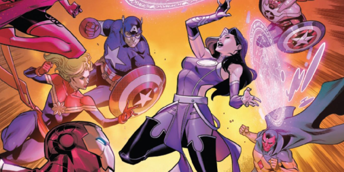 agatha harkness battling against carol danvers' current lineup of avengers including vision and captain america