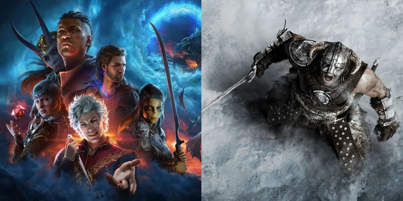 Split image of Baldur's Gate III and The Elder Scrolls V: Skyrim key art.