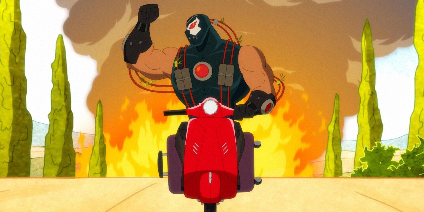 Bane rides a moped in Harley Quinn