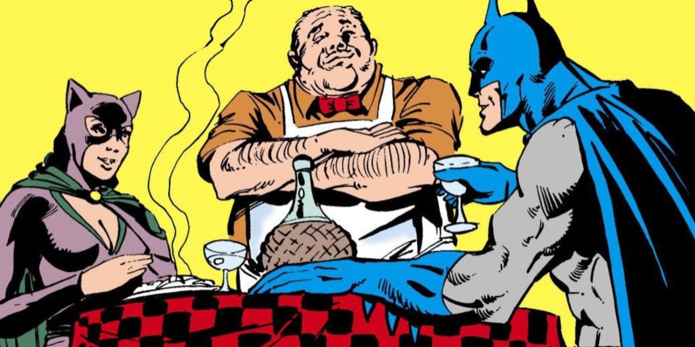 Batman e Mulher-Gato jantando juntos em Uma Noite na Cidade.