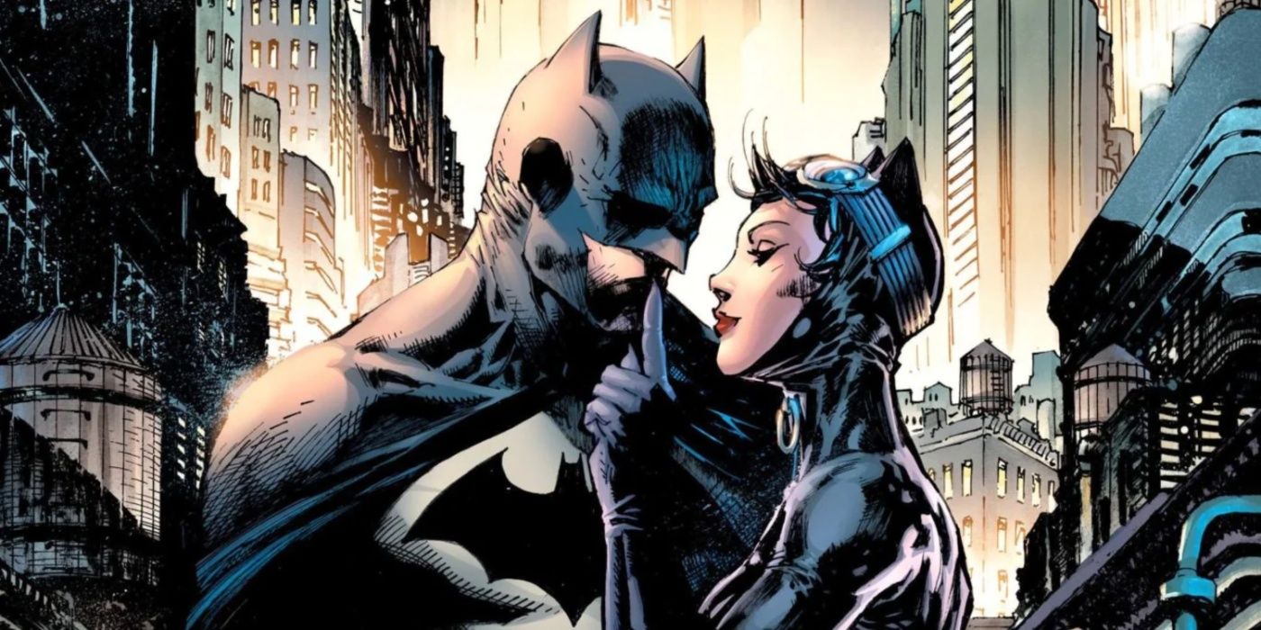 Batman e Mulher-Gato juntos em um telhado na capa de Hush.