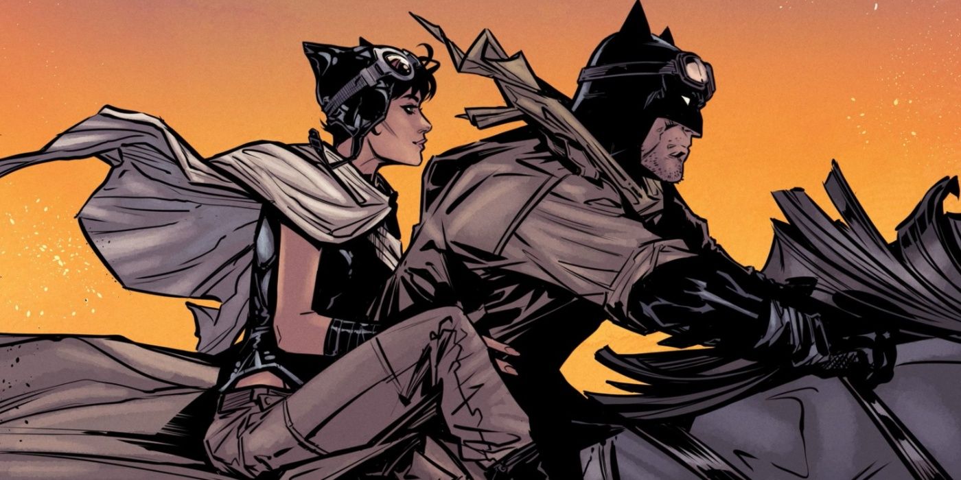 Batman e Mulher-Gato cavalgando pelo deserto.