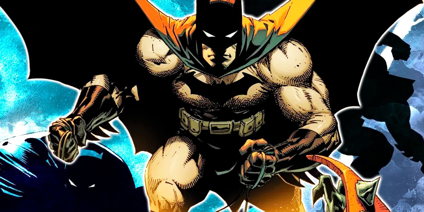 Batman olha para frente com sua capa alargada, posando na frente da arte em quadrinhos do Batman.