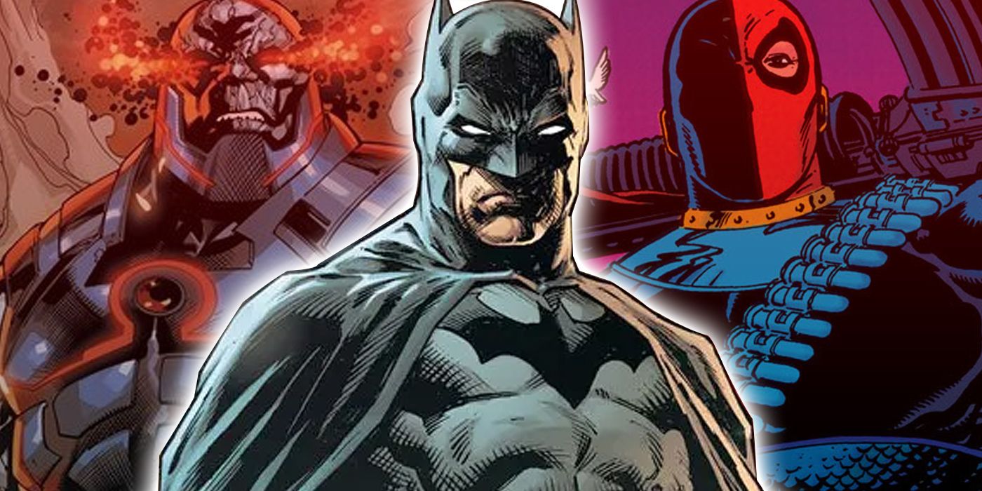 A collage of Batman standing in front of Darkseid and Deathstroke from DC Comics