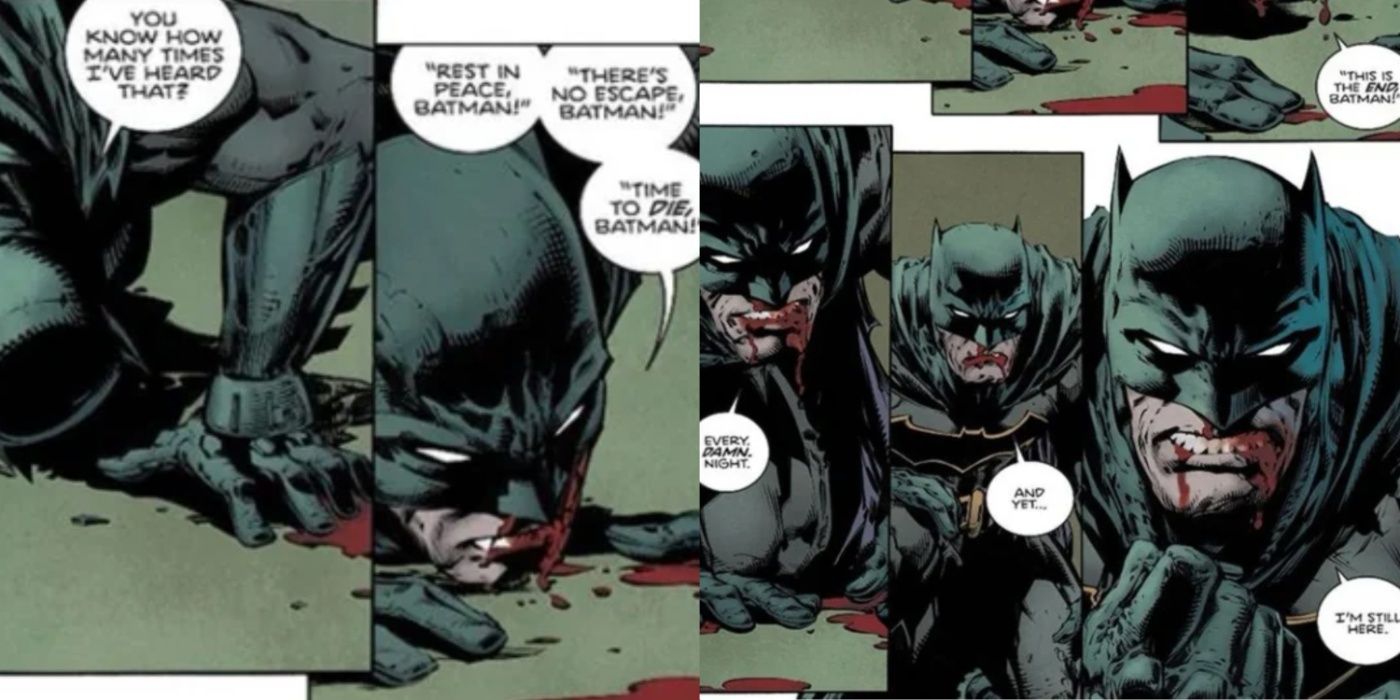 Imagem dividida de Batman se recuperando de sua luta com Bane.