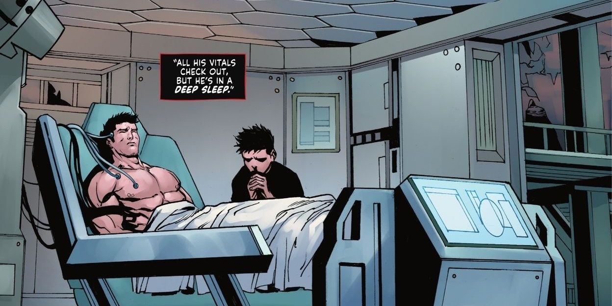 Batman dormindo profundamente com Damian ao lado de sua cama em Knight Terror Night's End