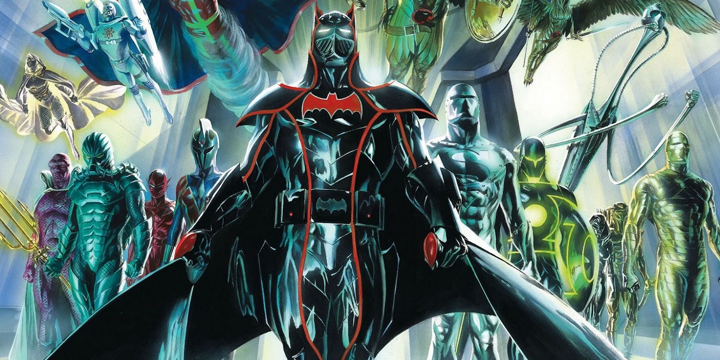 Batman wearing his Justice armor in the front, while the Justice League is adorned in different armors behind him