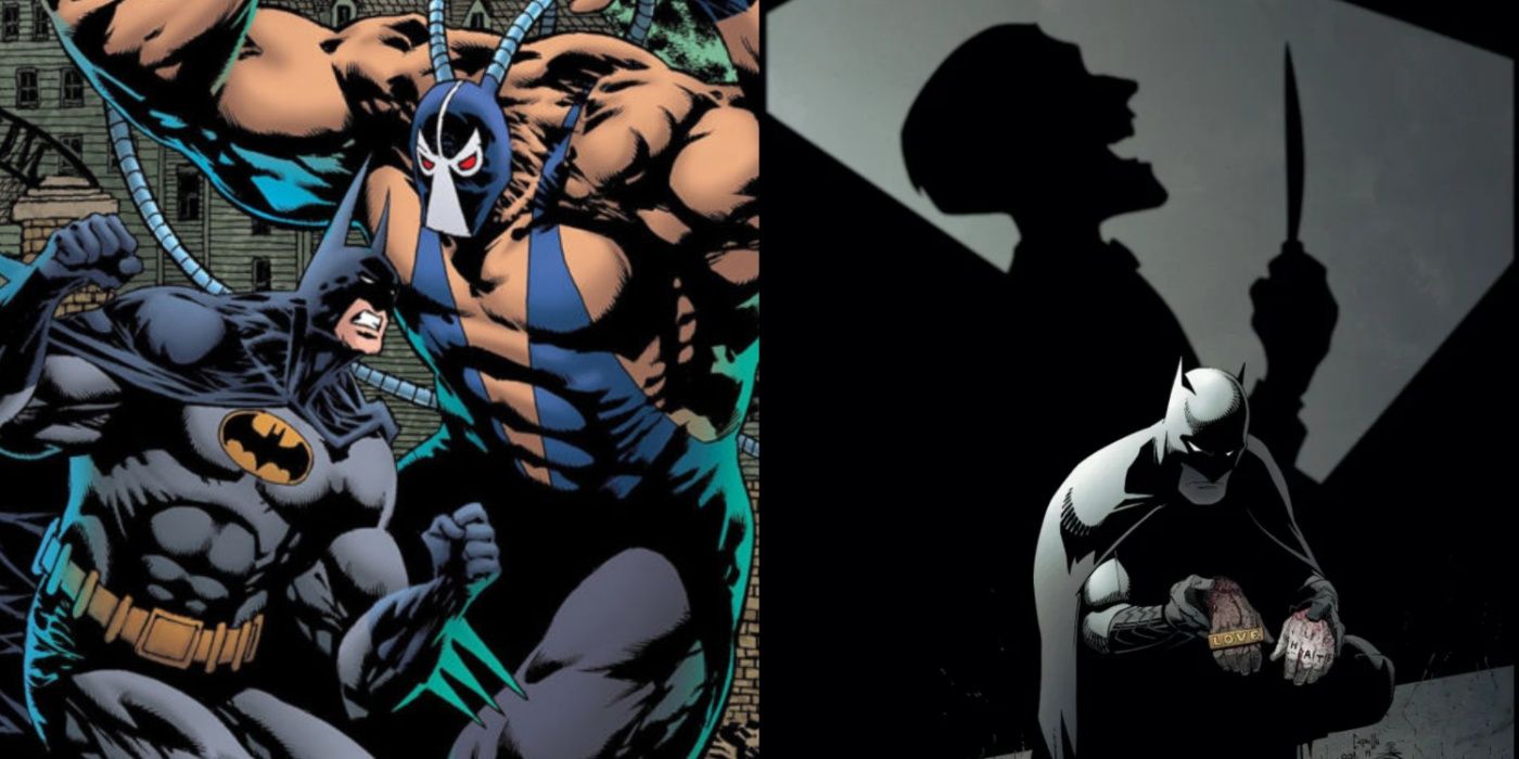 Split image of Batman fighting Bane in Knightfall and investigating a severed hand in Endgame.