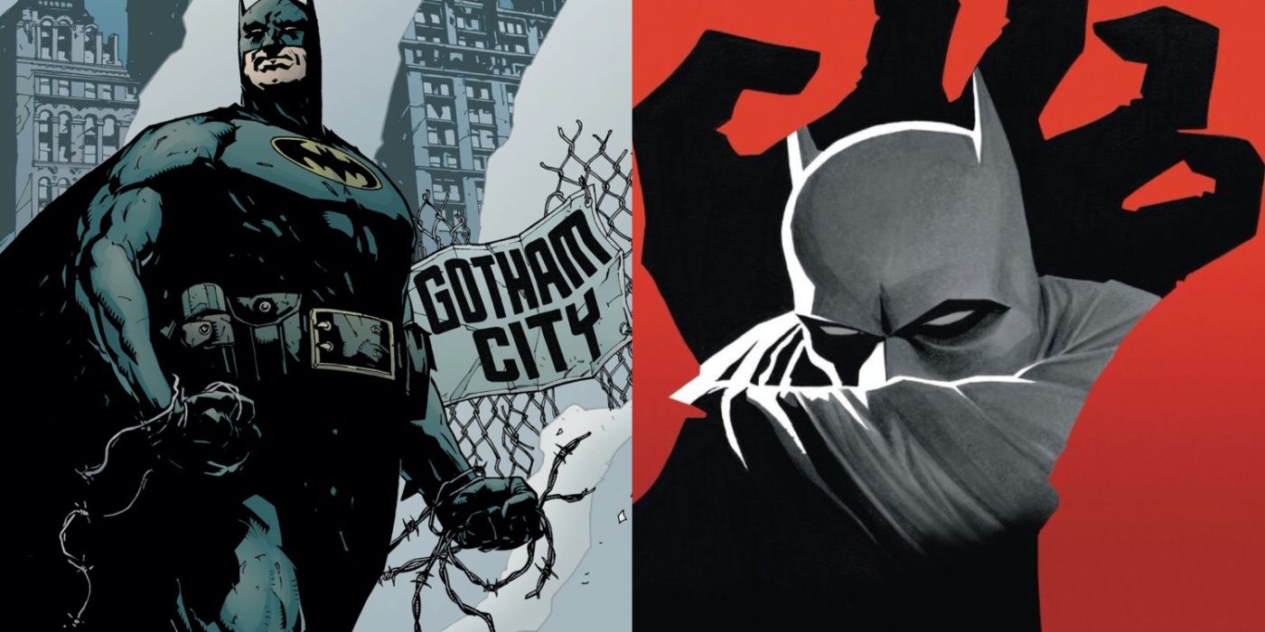 Split image of Batman in cover art for No Man's Land and The Black Glove, respectively.