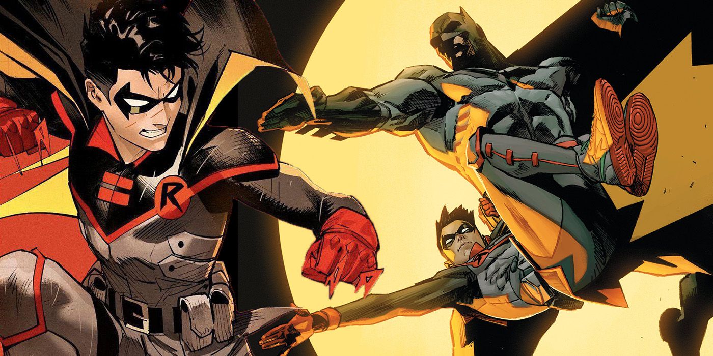 Batman e Robin (2023) saltam pelo céu enquanto Damian veste seu novo traje vermelho e cinza