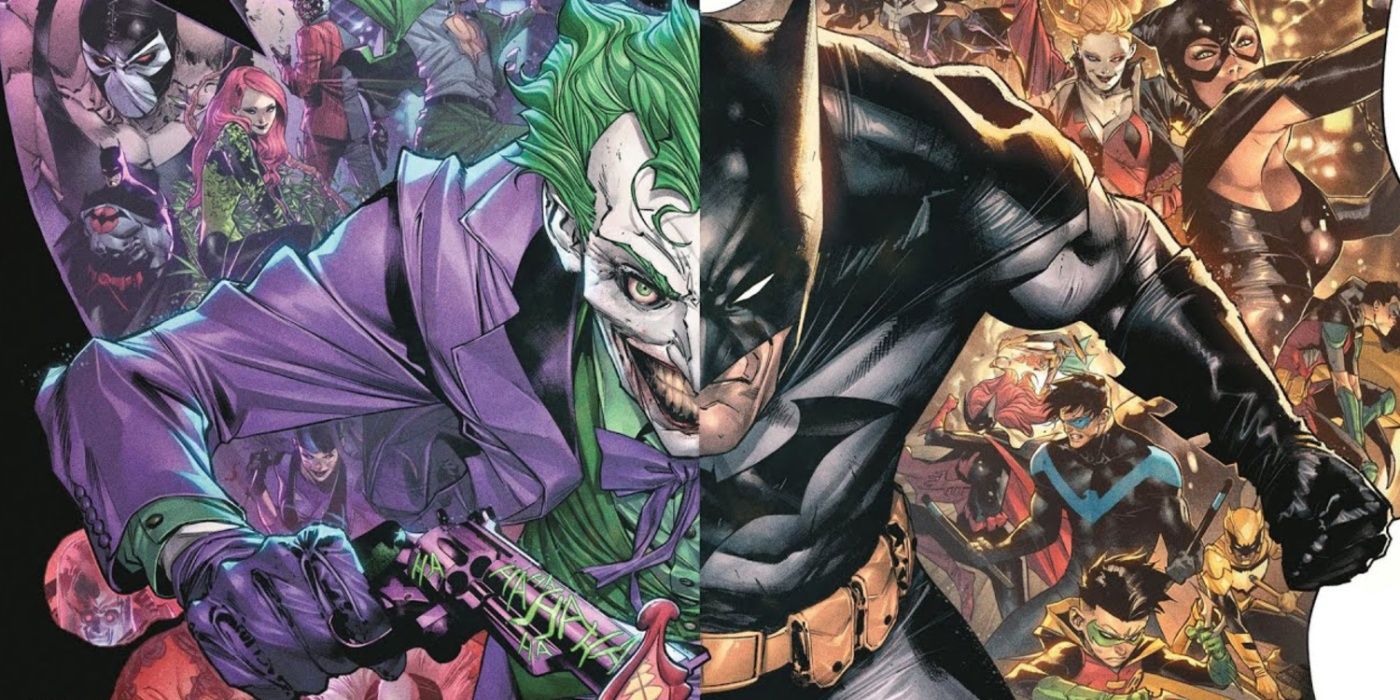 A arte da capa dos quadrinhos se dividiu entre as forças do Coringa e do Batman uma contra a outra.