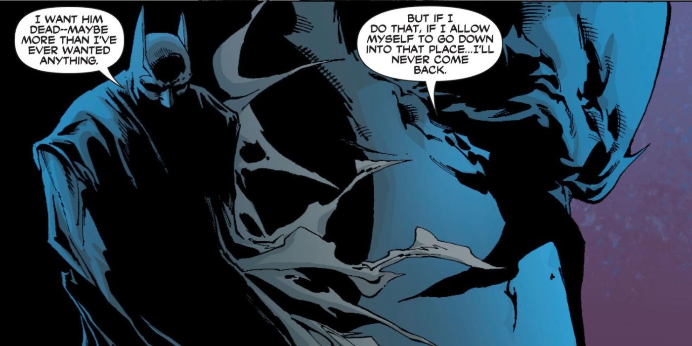 Batman revelando ao Capuz Vermelho por que ele não se permite quebrar sua única regra.