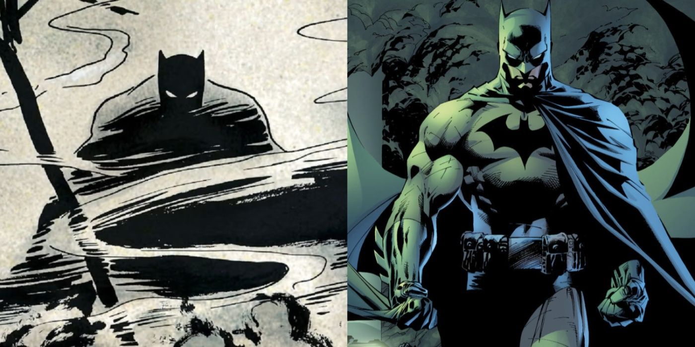 Split image of Batman clouded in smoke in Year One and in the Batcave in Hush.