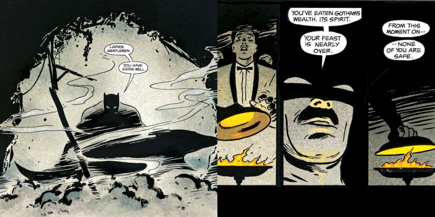 Imagem dividida de Batman invadindo o jantar das famílias criminosas de Gotham no primeiro ano.